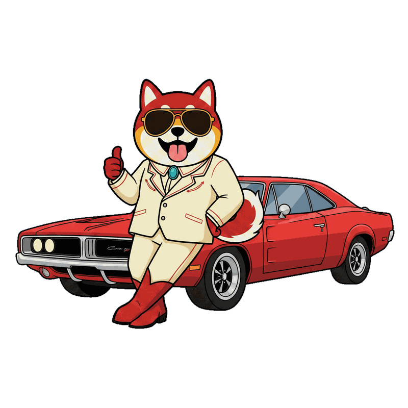 Gasolinu, a shiba inu in a cream western suit and bolo tie, leaning against a red 1970 Dodge Charger.